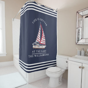 Het leven is beter bij het Lake Nautical Red Navy Douchegordijn