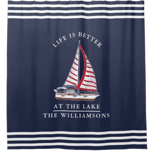 Het leven is beter bij het Lake Nautical Red Navy  Douchegordijn (Voorkant)