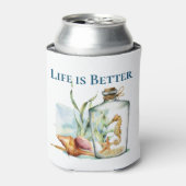 Het leven is beter bij het strand / het zeepaardje blikjeskoeler (Blikje Voorkant)