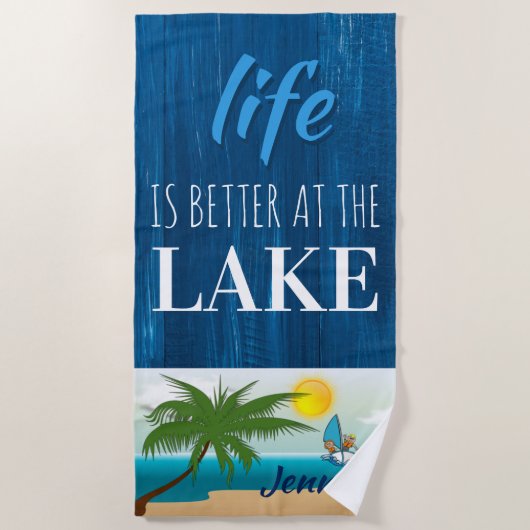 Het leven is beter bij Lake Blue Wood Personalized Strandlaken (Voorkant)