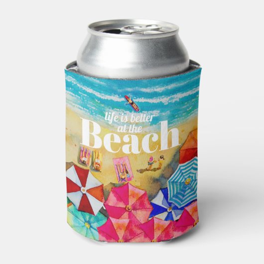 Het leven is beter in het strand blikjeskoeler (Blikje Voorkant)