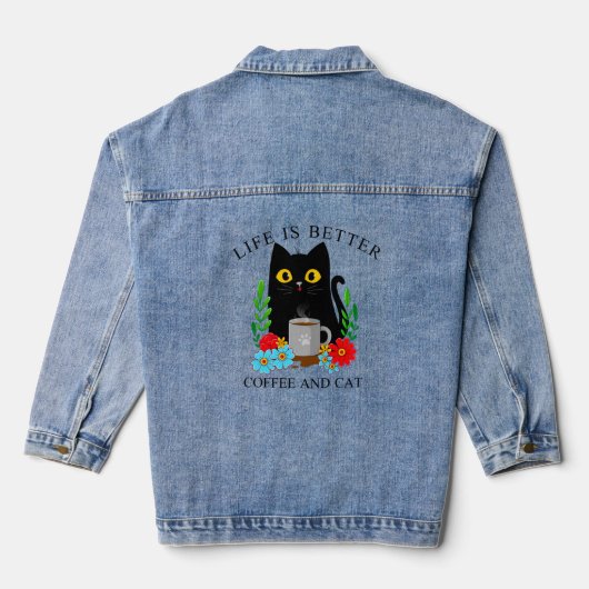 Het leven is beter koffie en kat denim jacket (Achterkant)