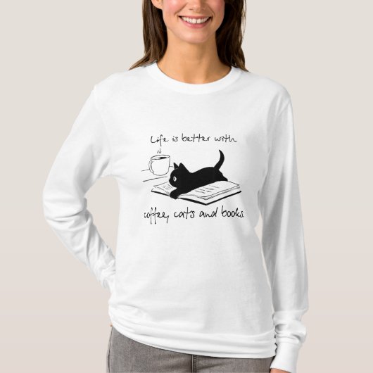 Het leven is beter met boekkatten en koffie t-shirt (Voorkant)