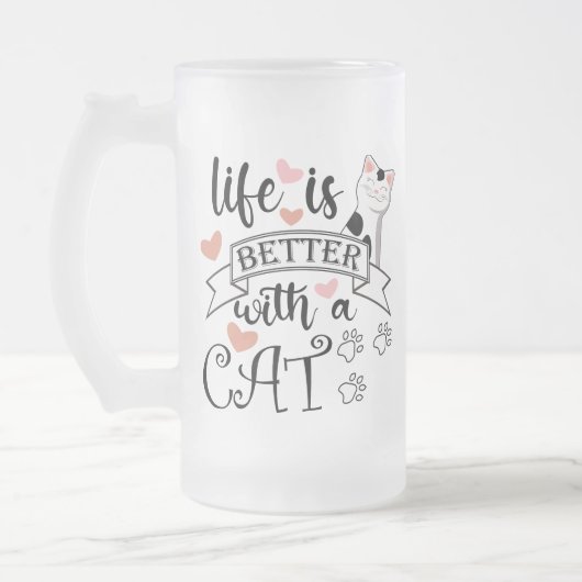 Het leven is beter met een Cat quote slogan Matglas Bierpul (Links)