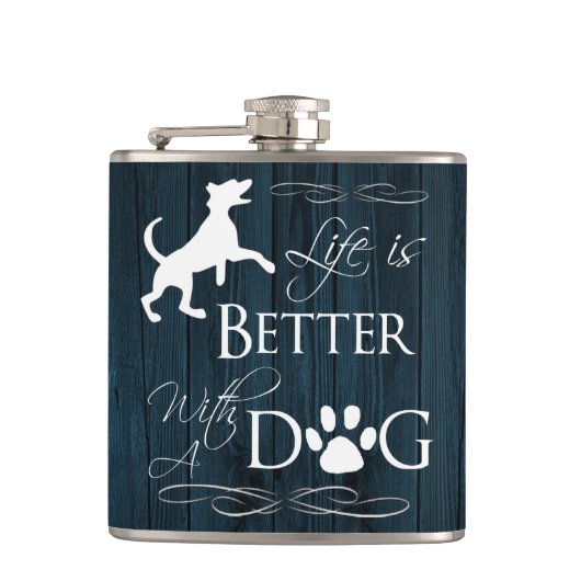 Het leven is beter met een Dog Flask - Blauw Heupfles (Voorkant)