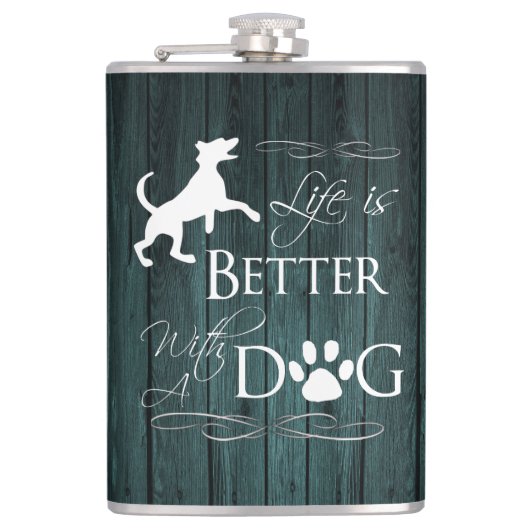 Het leven is beter met een Dog Flask - Blauwgroen Heupfles (Voorkant)