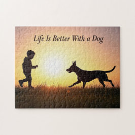 Het leven is beter met een hond, jongen en zon legpuzzel
