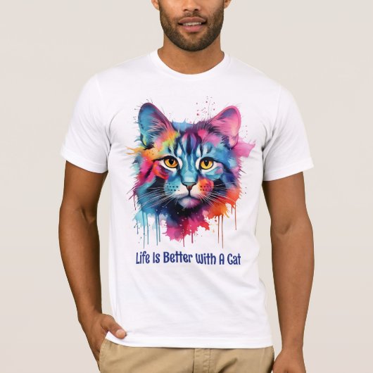 Het leven is beter met een kat. Schattigee kleurri T-shirt (Voorkant)
