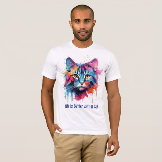 Het leven is beter met een kat. Schattigee kleurri T-shirt (Voorkant volledig)