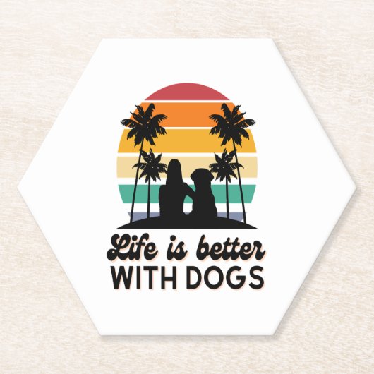 Het leven is beter met honden retro zonsondergang  kartonnen onderzetters (Voorkant)