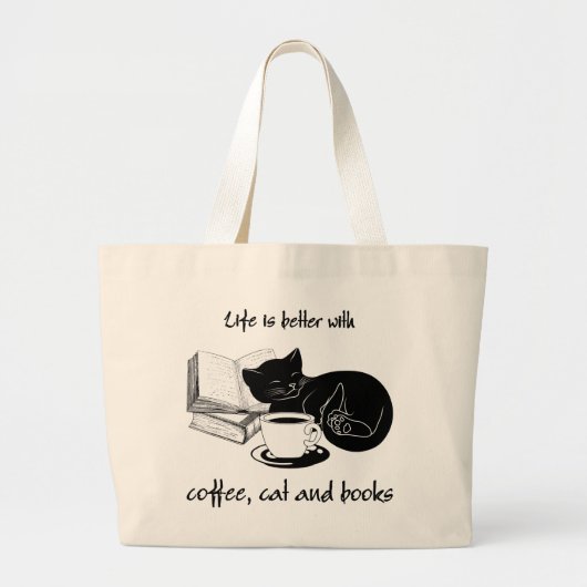 HET LEVEN IS BETER MET KAT KOFFIE EN BOEKEN GROTE TOTE BAG (Voorkant)