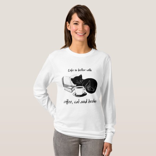 HET LEVEN IS BETER MET KAT KOFFIE EN BOEKEN T-SHIRT (Voorkant volledig)