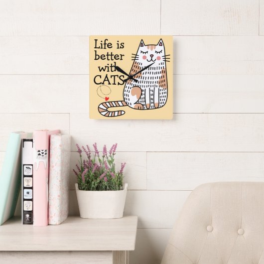 Het Leven Is Beter Met Katten Doodle Vierkante Klok (Leeskamer)