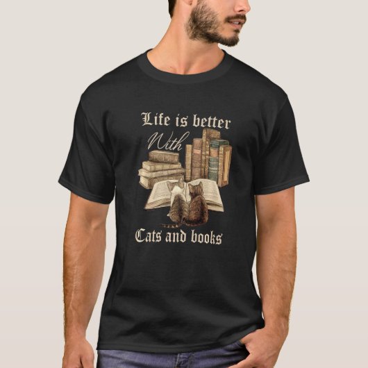 Het leven is beter met katten en boeken t-shirt (Voorkant)