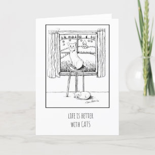 Het leven is beter met katten, Pen Ink Cat Art Not Bedankkaart