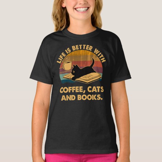 Het leven is beter met koffiekatten en boeken Klas T-shirt (Voorkant)