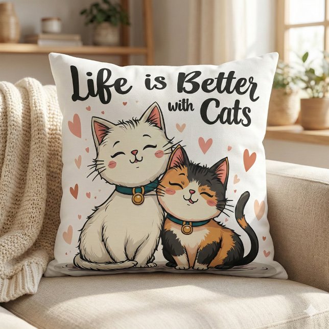 Het leven is beter met Schattigee Cat Aesthetic Kussen (Life is Better with Cats Cute Cat Aesthetic White Throw Pillow Mockup A.)