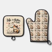 Het leven is beter met Schattigee Cat Aesthetic Ovenwant & Pannenlap Set (Voorkant)