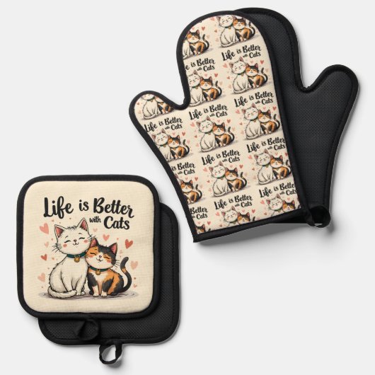 Het leven is beter met Schattigee Cat Aesthetic Ovenwant & Pannenlap Set (Voorkant / Achterkant)