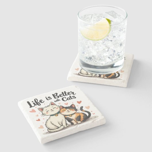Het leven is beter met Schattigee Cat Aesthetic Stenen Onderzetter (Zijkant)