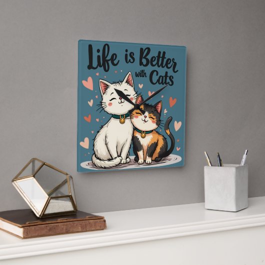 Het leven is beter met Schattigee Cat Aesthetic Vierkante Klok (Kantoor)