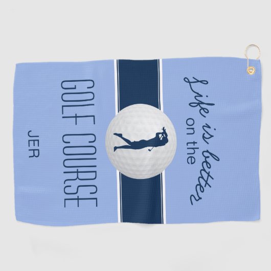 Het leven is Beter Monogrammed Golfer Blauw Modern Golfhanddoek (Horizontaal)