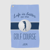 Het leven is Beter Monogrammed Golfer Blauw Modern Golfhanddoek (Voorkant)