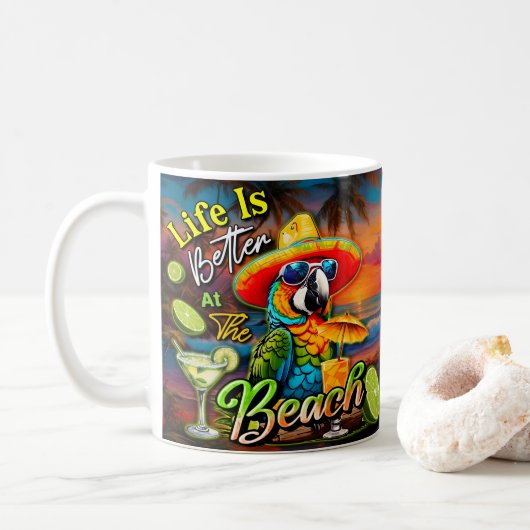 Het leven is beter op het strand Tropical Parrot Koffiemok (Met donut)
