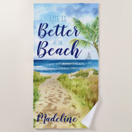 Het leven is beter op het strand Waterverf Monogra Strandlaken