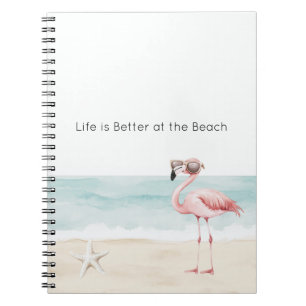 Het leven is beter op het strand Zeester Flamingo Notitieboek