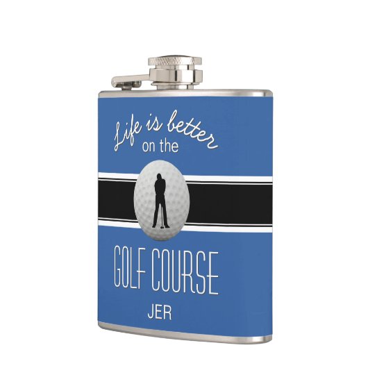 Het leven is beter Quote Golf Ball Monogram Blauw  Heupfles (Links)