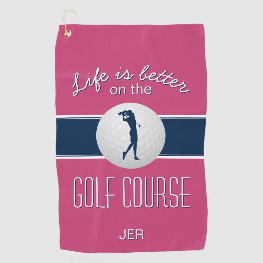 Het leven is beter Quote Golf Monogrammed Hot Pink Golfhanddoek (Voorkant)