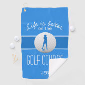 Het leven is beter Vrouw Golfer Monogrammed Blue Golfhanddoek (Insitu)