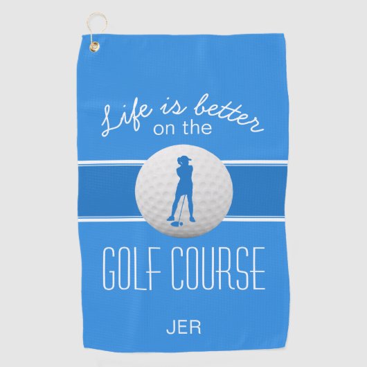 Het leven is beter Vrouw Golfer Monogrammed Blue Golfhanddoek (Voorkant)