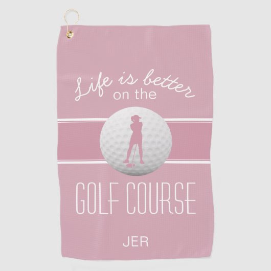 Het leven is beter Vrouw Golfer Monogrammed Pink G Golfhanddoek (Voorkant)