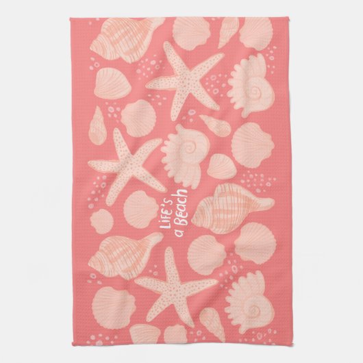 Het leven is een blokroze zeeschelpen op roze theedoek (Verticaal)