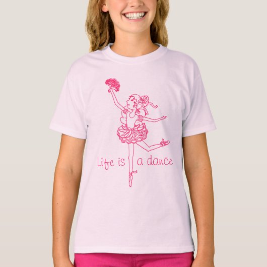 Het leven is een dans ballerina meisjes kinder roz t-shirt (Voorkant)