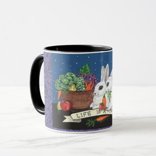 "Het leven is een feest" Cute Bunny Rabbit Mok (Voorkant links)