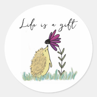 Het leven is een Gift Hedgehog en Coneflower Stick Ronde Sticker