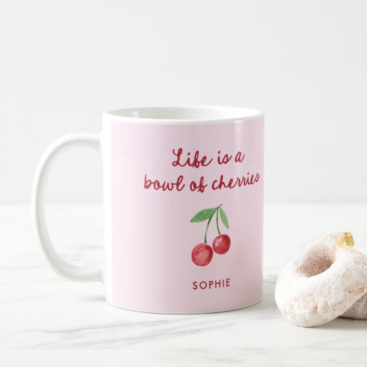 Het leven is een kom met kersen | Roze en Retro Sc Koffiemok (Met donut)