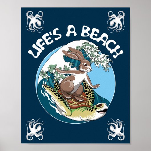 Het leven is een strand - Rabbit en Turtle Surfing Poster (Voorkant)
