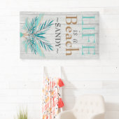 HET LEVEN IS EEN STRAND Witte Hout Teal Palmenbl Spandoek (Insitu)
