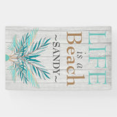 HET LEVEN IS EEN STRAND Witte Hout Teal Palmenbl Spandoek (Horizontaal)