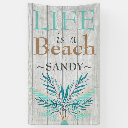 HET LEVEN IS EEN STRAND Witte Hout Teal Palmenbl Spandoek (Verticaal)