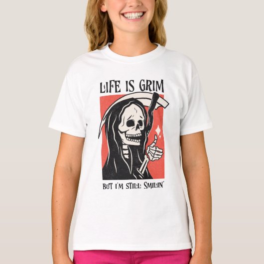 Het leven is grimmig grappig maaier grappige sarca t-shirt (Voorkant)