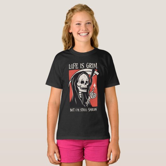 Het leven is grimmig grappig maaier grappige sarca t-shirt (Voorkant volledig)