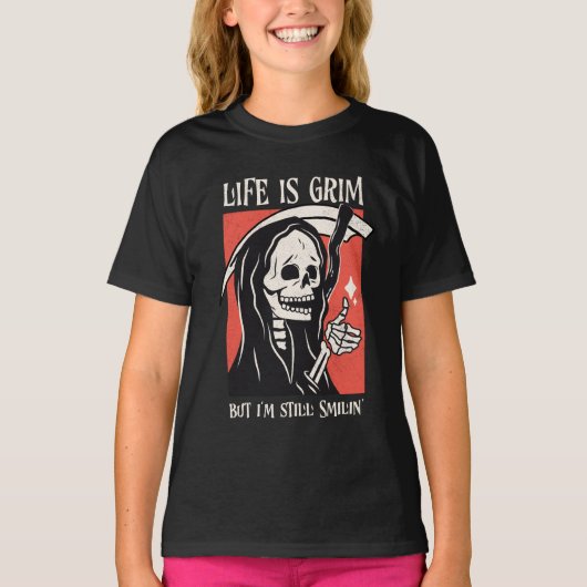 Het leven is grimmig grappig maaier grappige sarca t-shirt (Voorkant)