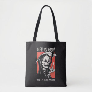 Het leven is grimmig grappig maaier grappige sarca tote bag
