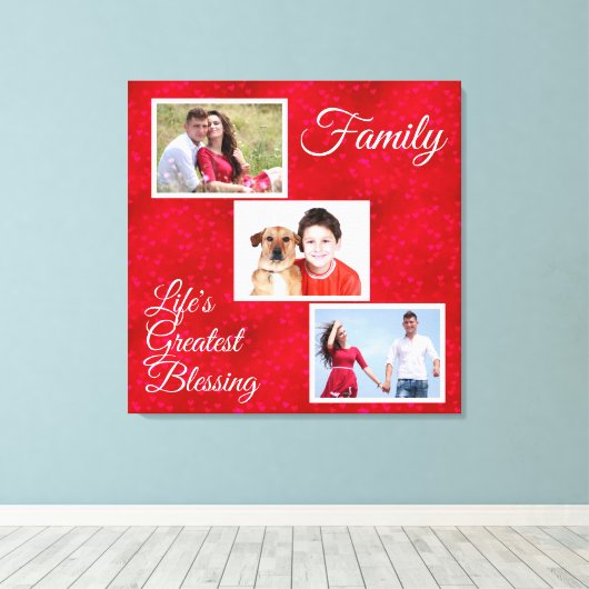 Het leven is het grootst - drie familiefoto's hart canvas afdruk (Insitu (Houten vloer))