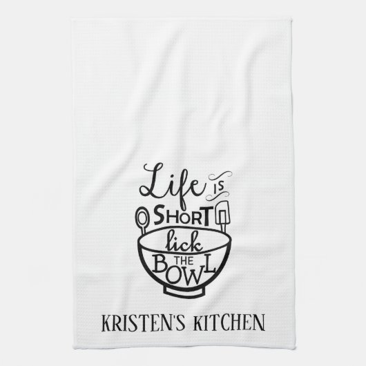 Het leven is kort Lick Bowl Personaliseer keukenha Theedoek (Verticaal)